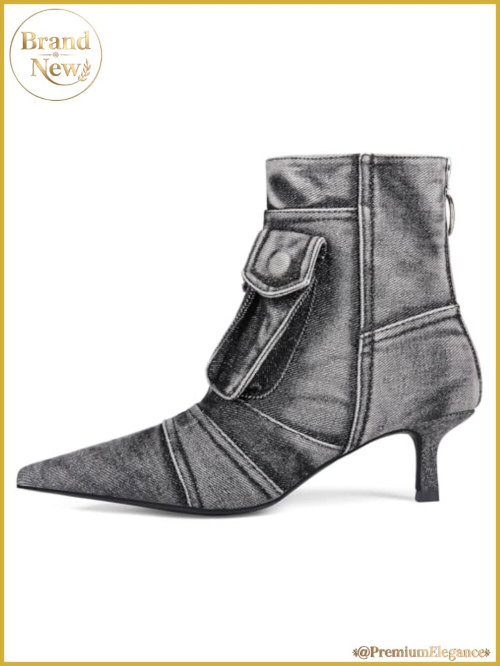 Pointed Toe Denim Ankle Boots Kitten Low Heel Side Zipper Booties